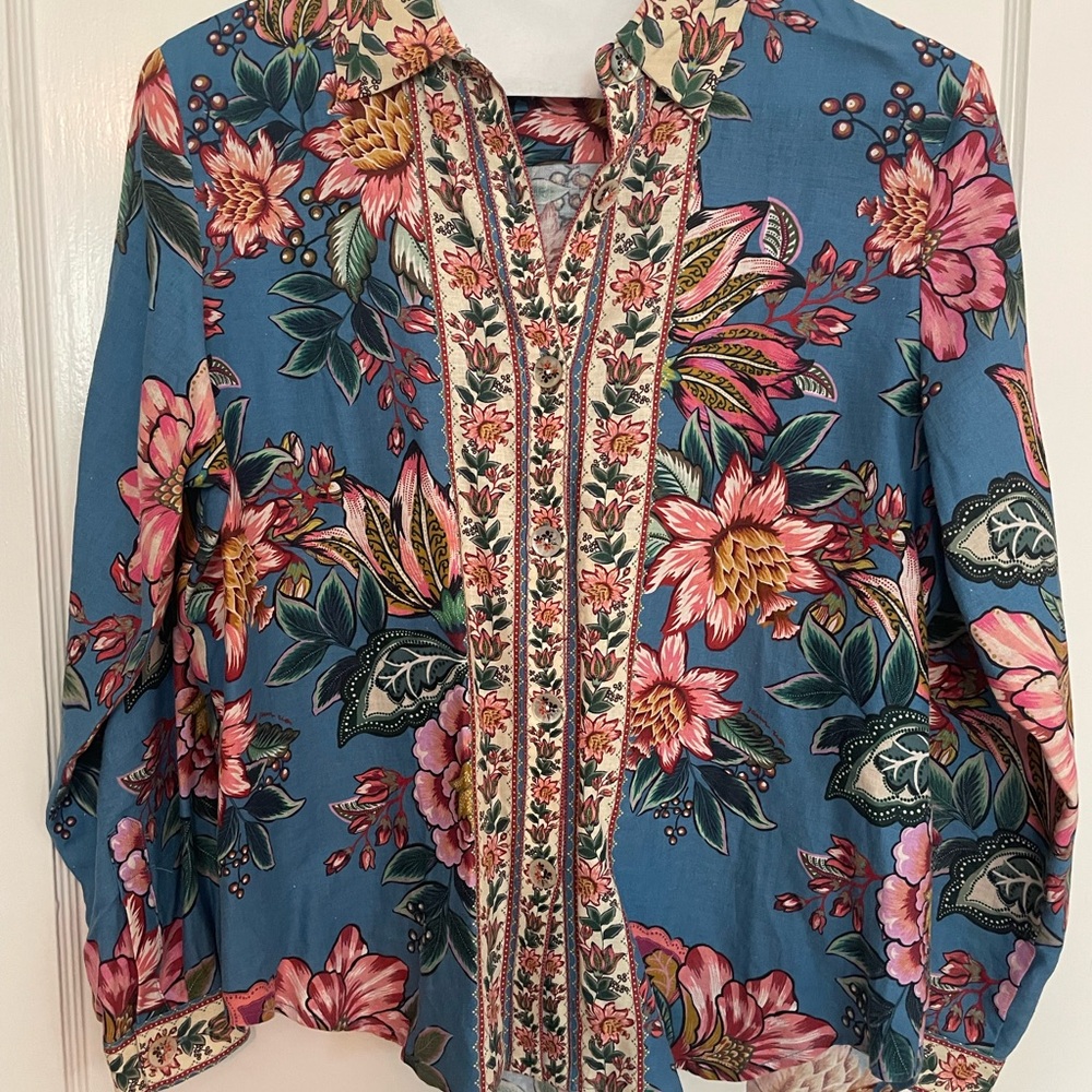 Farm Rio Linen Floral Blue and Pink Blouse